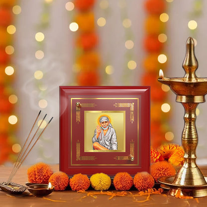 Sai Baba with Blessings | Shirdi Sai Baba 24K Gold Plated Divine Photo Frame for Home Décor, Tabletop & Office | Blessings of Faith, Peace & Protection (MDF1A)