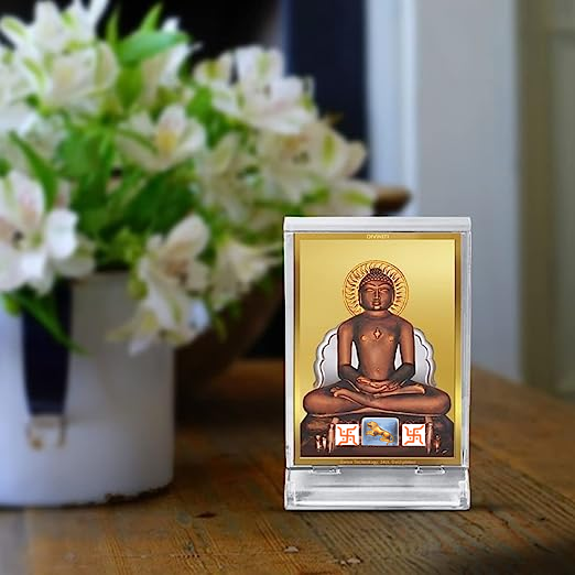 DIVINITI 24K Gold Plated Lord Mahavir Frame For Car Dashboard, Home Decor, Tabletop and Gift (ACF 3)(11 x 6.8 CM)