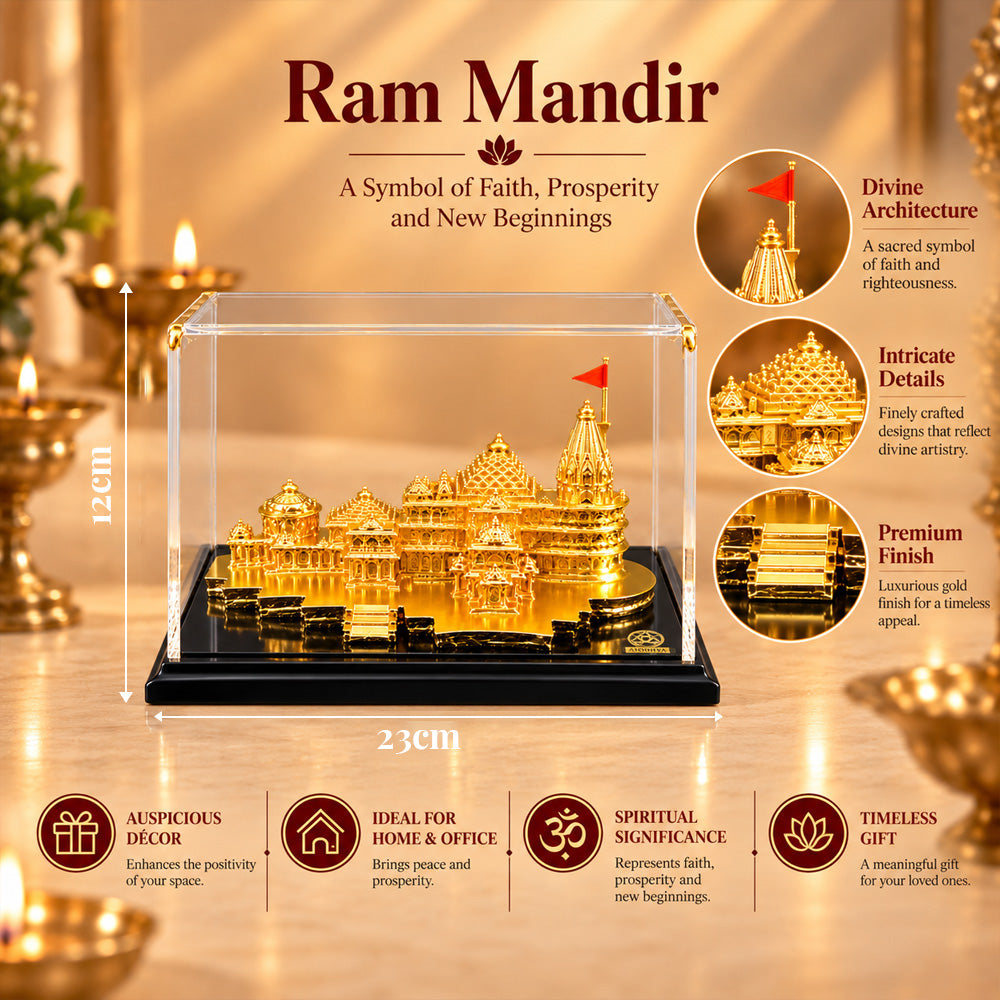 24K Gold-Plated Ram Mandir Showpiece | Premium Gift Box | 12x23 CM