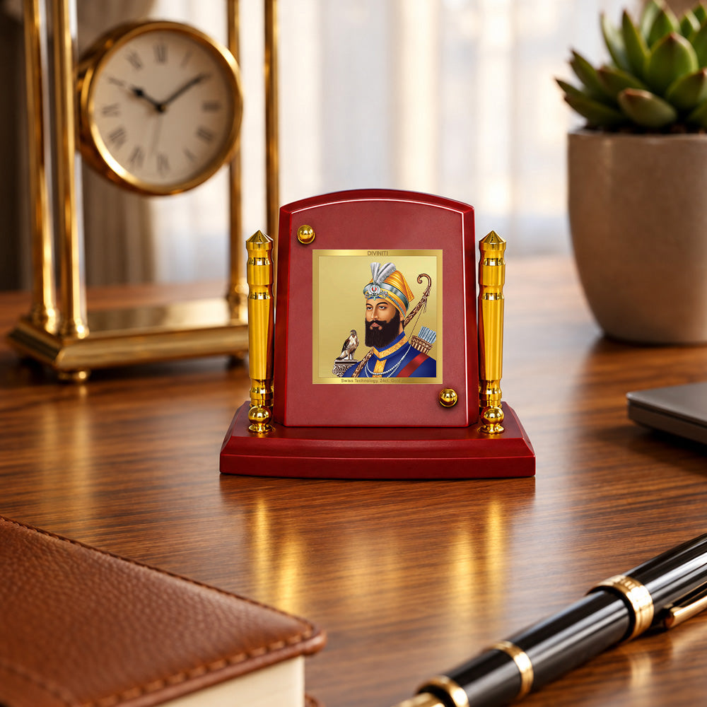 24K Gold-Plated Guru Gobind Singh Ji MDF Car Dashboard Frame | 7.5x9 CM