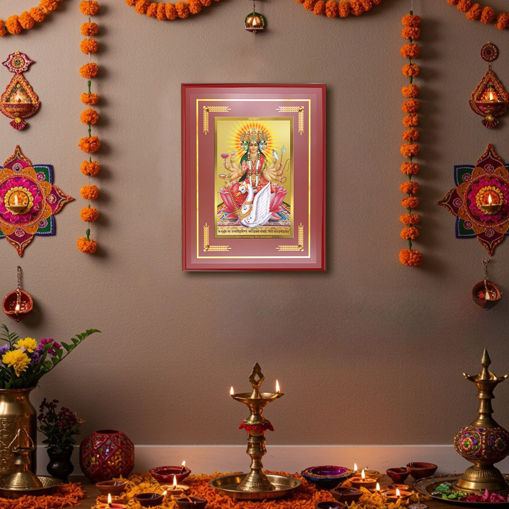 Diviniti 24K Gold Plated Gayatri Maa Blessing Tabletop Photo Frame | Wisdom, Purity & Divine Grace