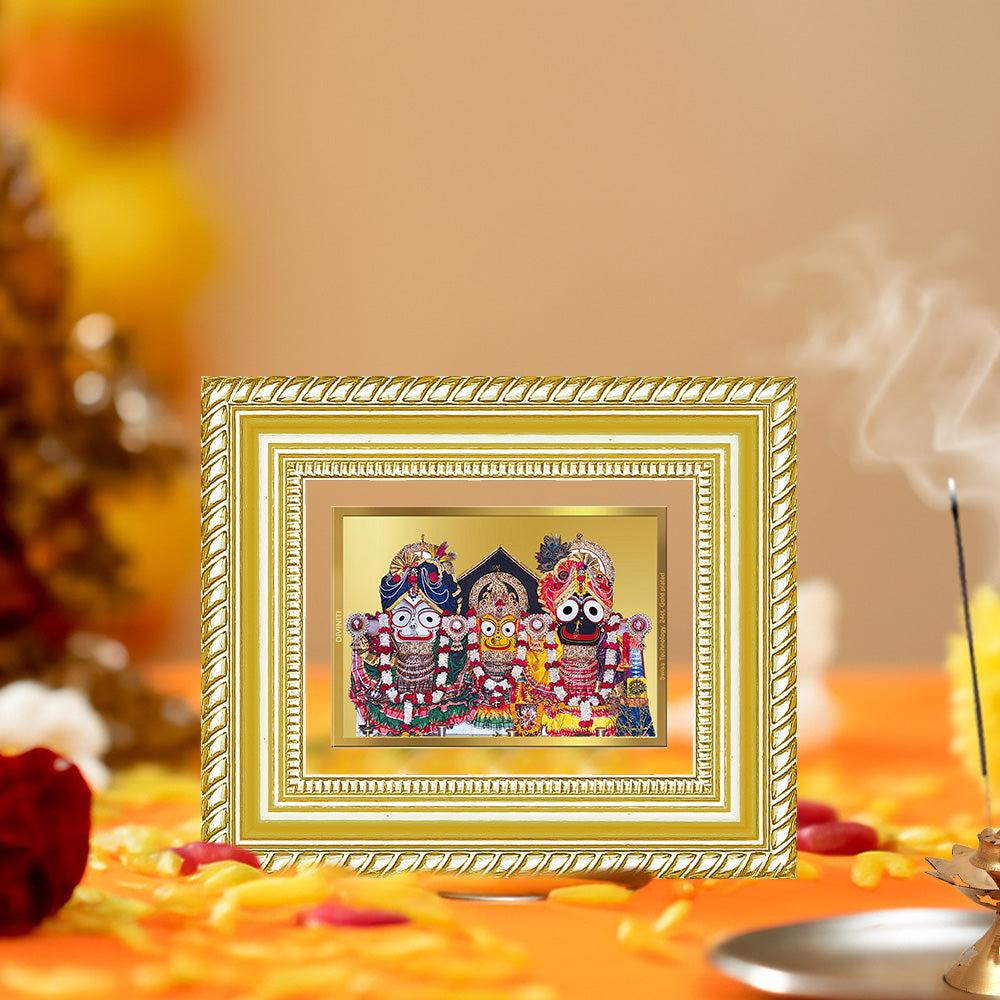 Diviniti 24K Gold Plated Jagannath Subhadra Balabhadra Divine Table Top Frame for Home Mandir & Office Decor | Luxury Spiritual Gift