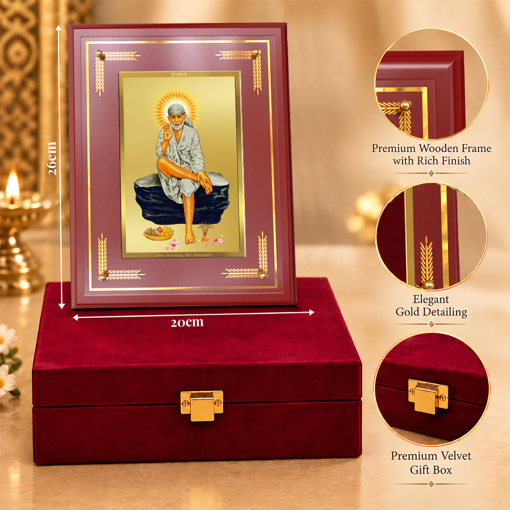 24K Gold-Plated Sai Baba MDF Frame | Premium Gift Box | 26x20 CM