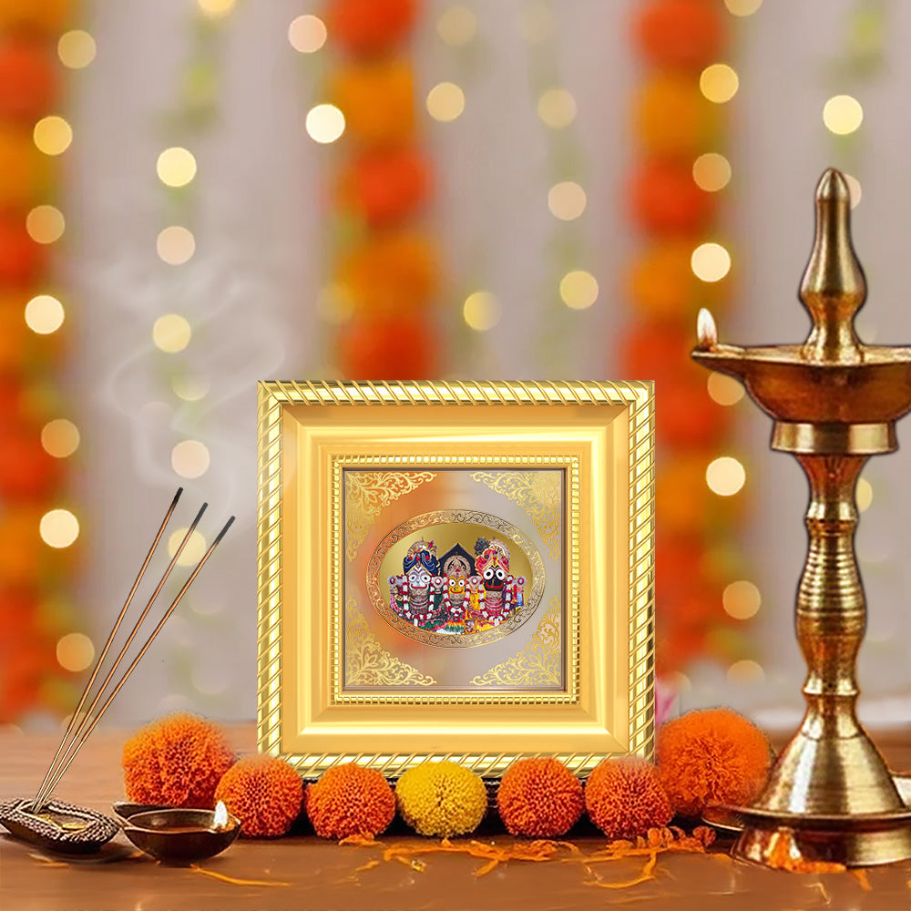 Jagannath Subhadra Balabhadra | Divine Trio Royal Tabletop Photo Frame in 24K Gold Plated Foil