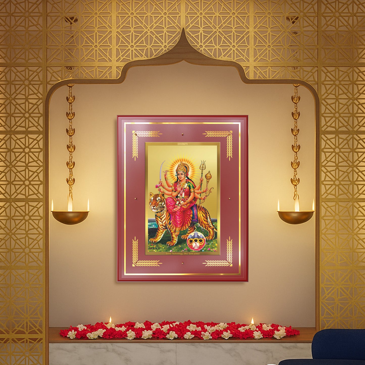 Durga Sherawali Mata with Pind | Divine Wall Mount Photo Frame in 24K Gold Plated Foil