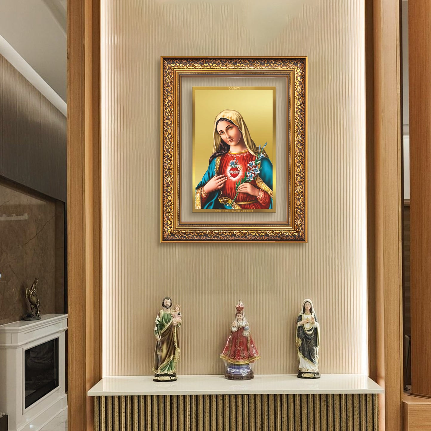 Diviniti 24K Gold Plated Mother Mary (Classic) Divine Wall Frame for Home Mandir & Office Decor | Luxury Spiritual Gift