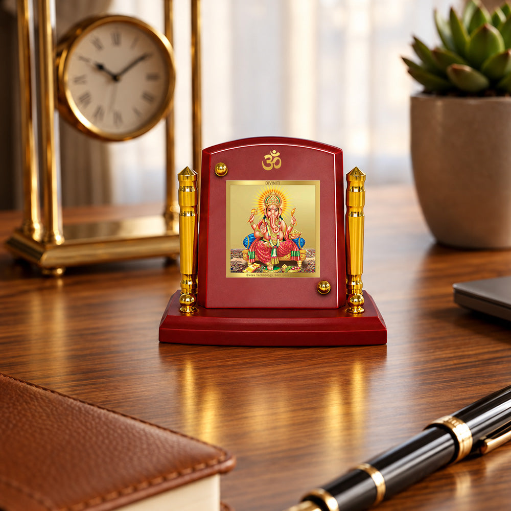 24K Gold-Plated Lord Ganesha MDF Car Dashboard Frame | 7.5x9 CM