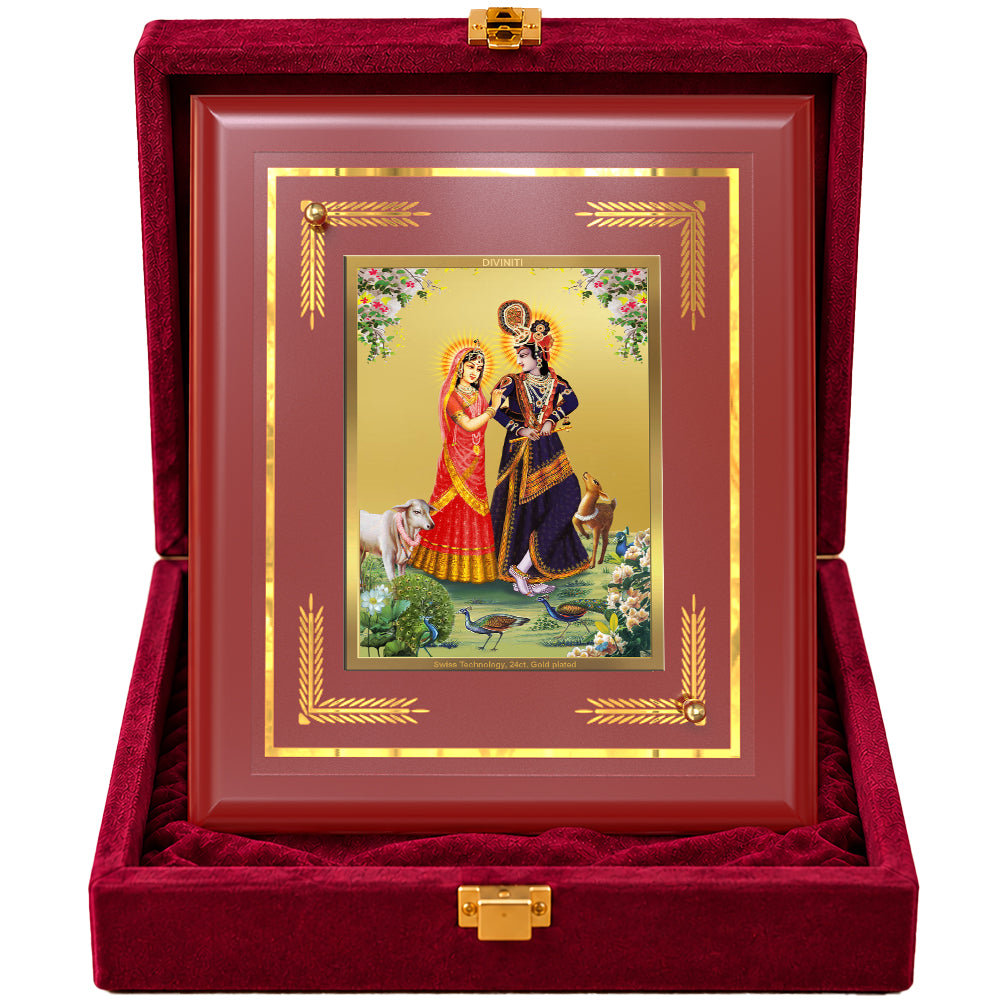24K Gold-Plated Radha Krishna with Cow MDF Frame | Premium Gift Box | 13.5x16 CM