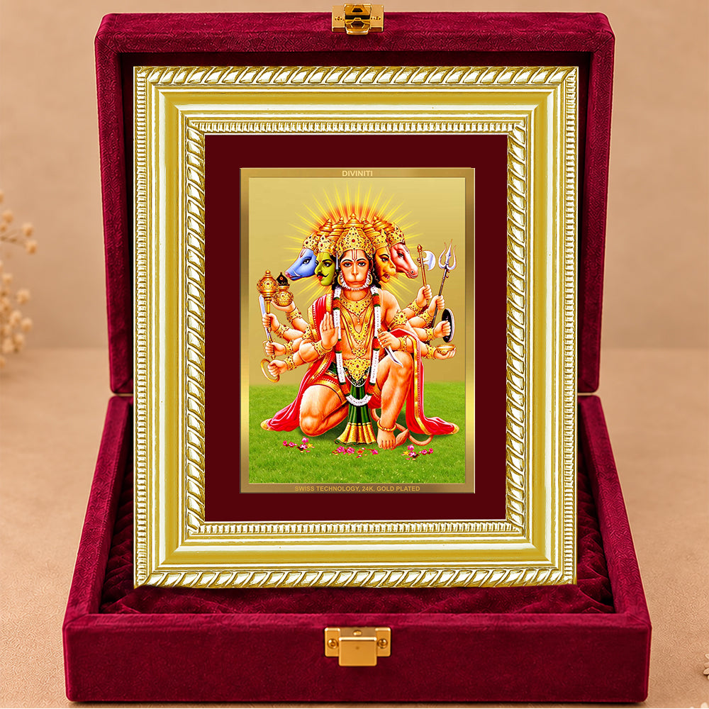 24K Gold-Plated Panchmukhi Hanuman Frame | Premium Gift Box | 21.5x17.5 CM