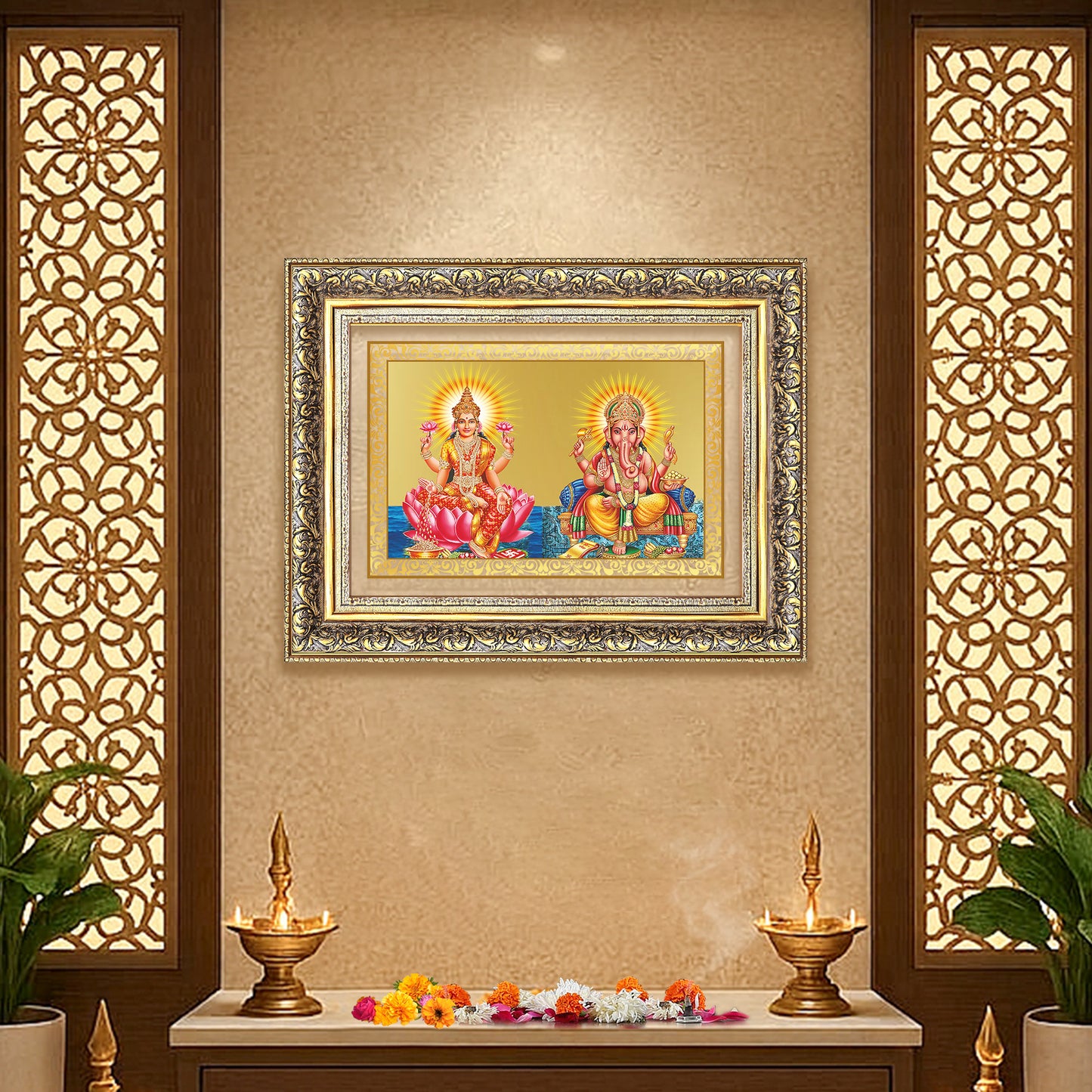 Diviniti 24K Gold Plated Lakshmi Ganesha (Classic) Divine Wall Frame for Home Mandir & Office Decor | Luxury Spiritual Gift