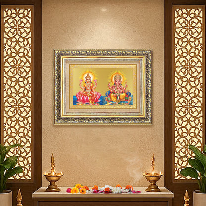 Diviniti 24K Gold Plated Lakshmi Ganesha (Classic) Divine Wall Frame for Home Mandir & Office Decor | Luxury Spiritual Gift