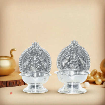 Pure Silver | Traditional Lakshmi Kamakshi Diya Set Decorative Oil Lamps for Puja & Festive Decor (Set of 2) 360 g