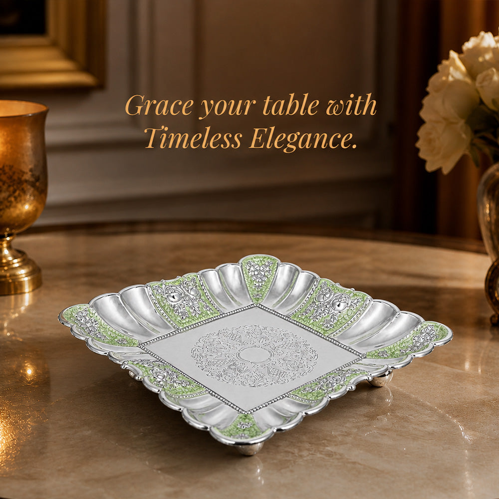 Diviniti Green German Silver Decorative Platter with Luxury Gift Box on a refined table setting.