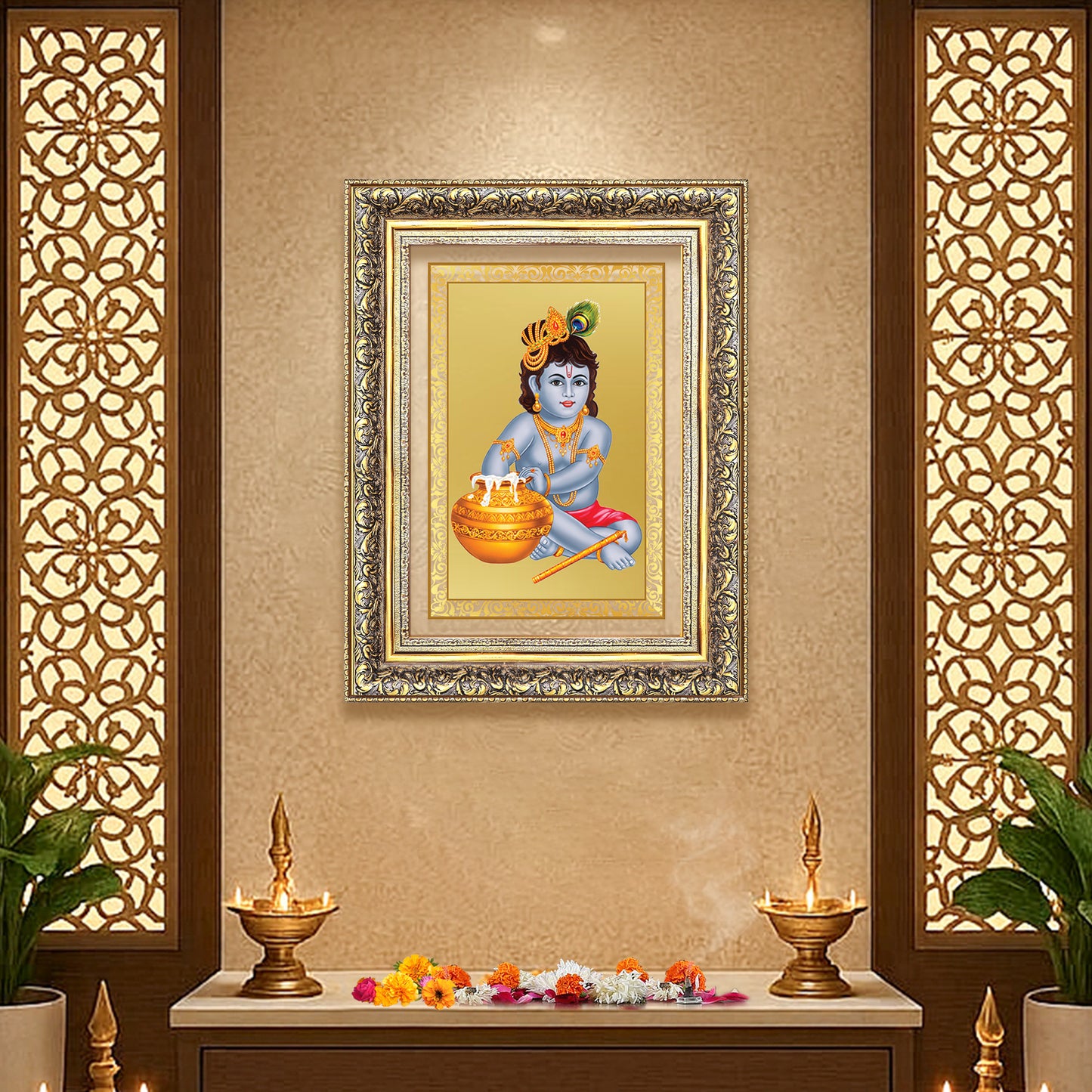 Diviniti 24K Gold Plated Bal Gopal Divine Wall Frame for Home Mandir & Office Decor | Luxury Spiritual Gift