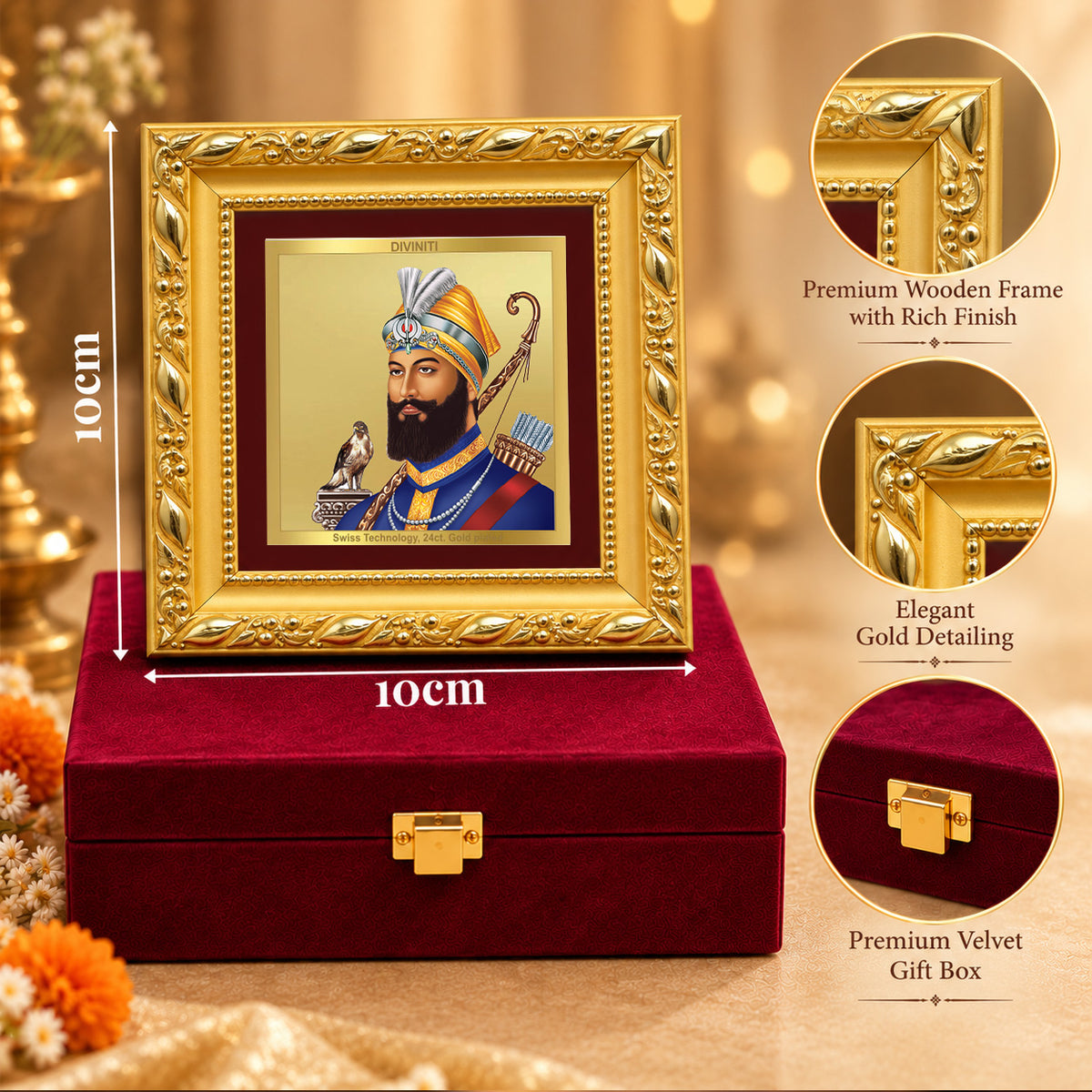 24K Gold-Plated Guru Gobind Singh Frame | Premium Gift Box | 10x10 CM