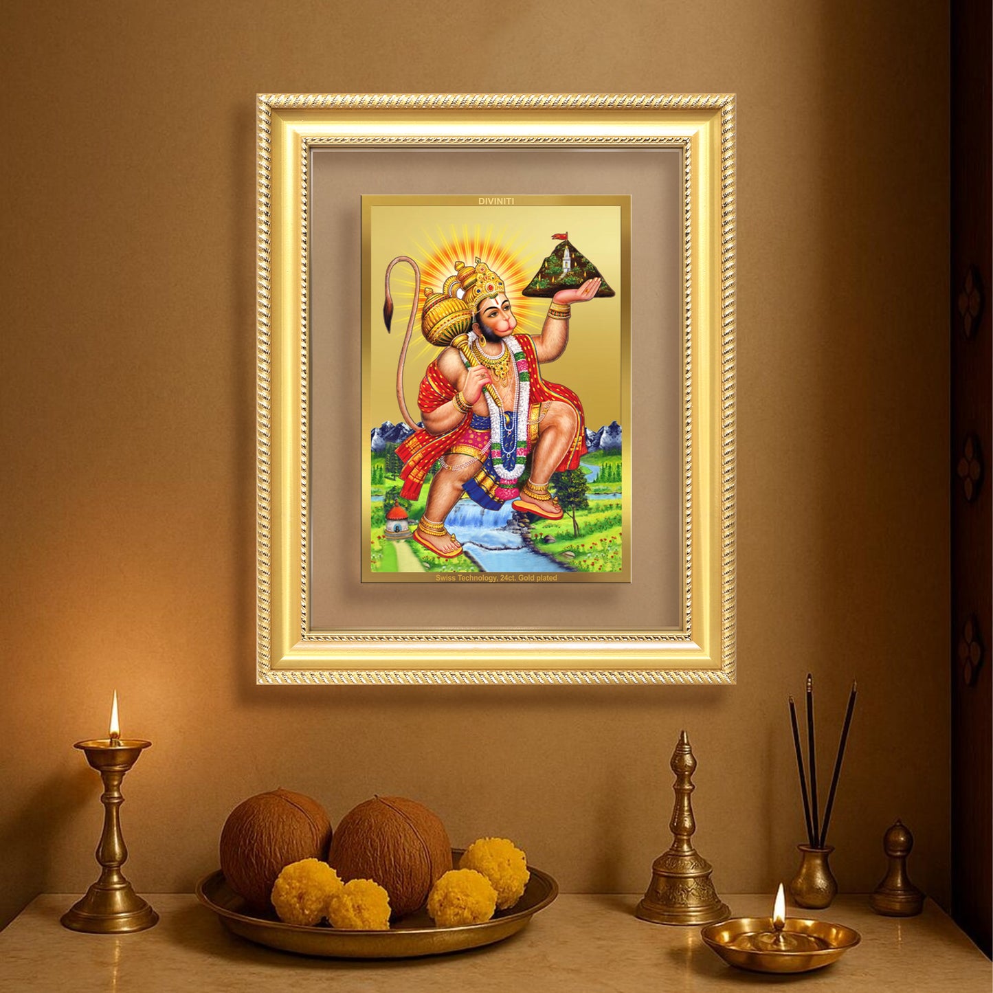Diviniti 24K Gold Plated Hanuman With Mountain (Classic) Divine Wall Frame for Home Mandir & Office Decor | Luxury Spiritual Gift