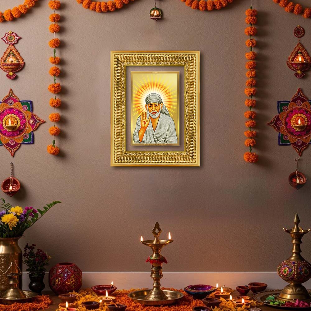 Diviniti 24K Gold Plated Sai Baba With Blessings (Classic) Divine Wall Frame for Home Mandir & Office Decor | Luxury Spiritual Gift