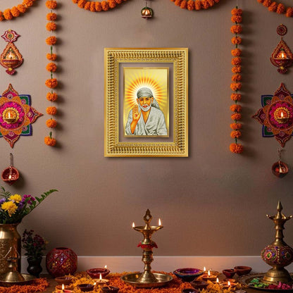 Diviniti 24K Gold Plated Sai Baba With Blessings (Classic) Divine Wall Frame for Home Mandir & Office Decor | Luxury Spiritual Gift