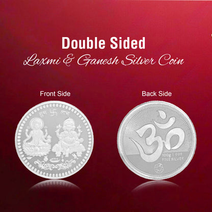 DIVINITI Pure Silver Coin Featuring Laxmi Ganesh & Om A Sacred Symbol of Prosperity and Spirituality for Home & Office Décor, Puja Room Diwali Gift (100g)