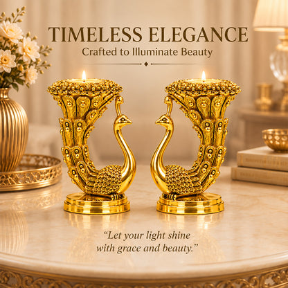 999 Gold-Plated Peacock Candle Holder Pair | Premium Gift Box | 10x8 CM