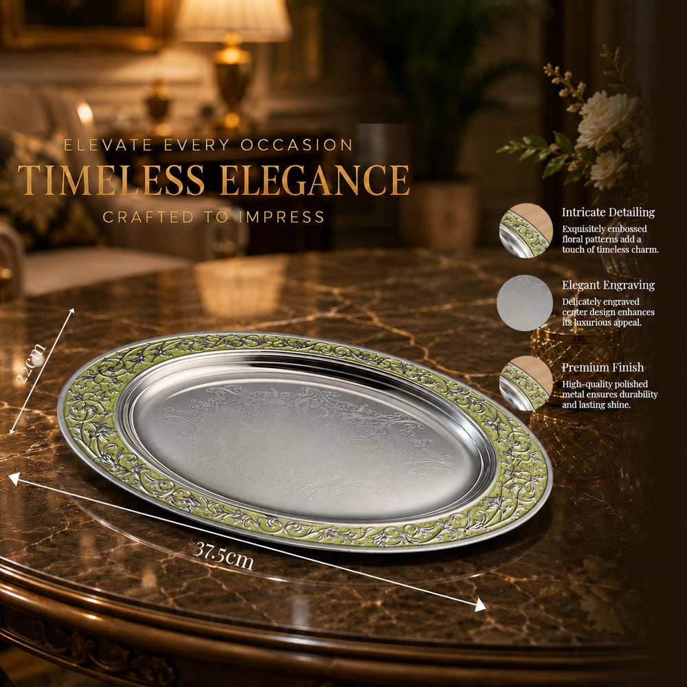 Diviniti Silver-Plated Oval Decorative Tray with Green Enamel Accents | Luxury Serving Platter for Dry Fruits, Sweets & Premium Gifting