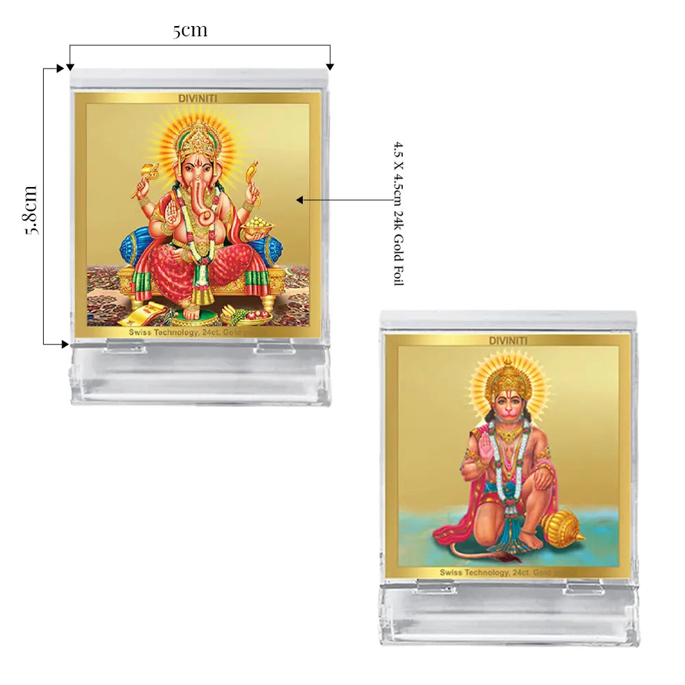 Diviniti 24K Gold Plated Ganesha & Hanuman Acrylic Frame for Car Dashboard Including Shipping ACF3A (5.8x4.8 CM)