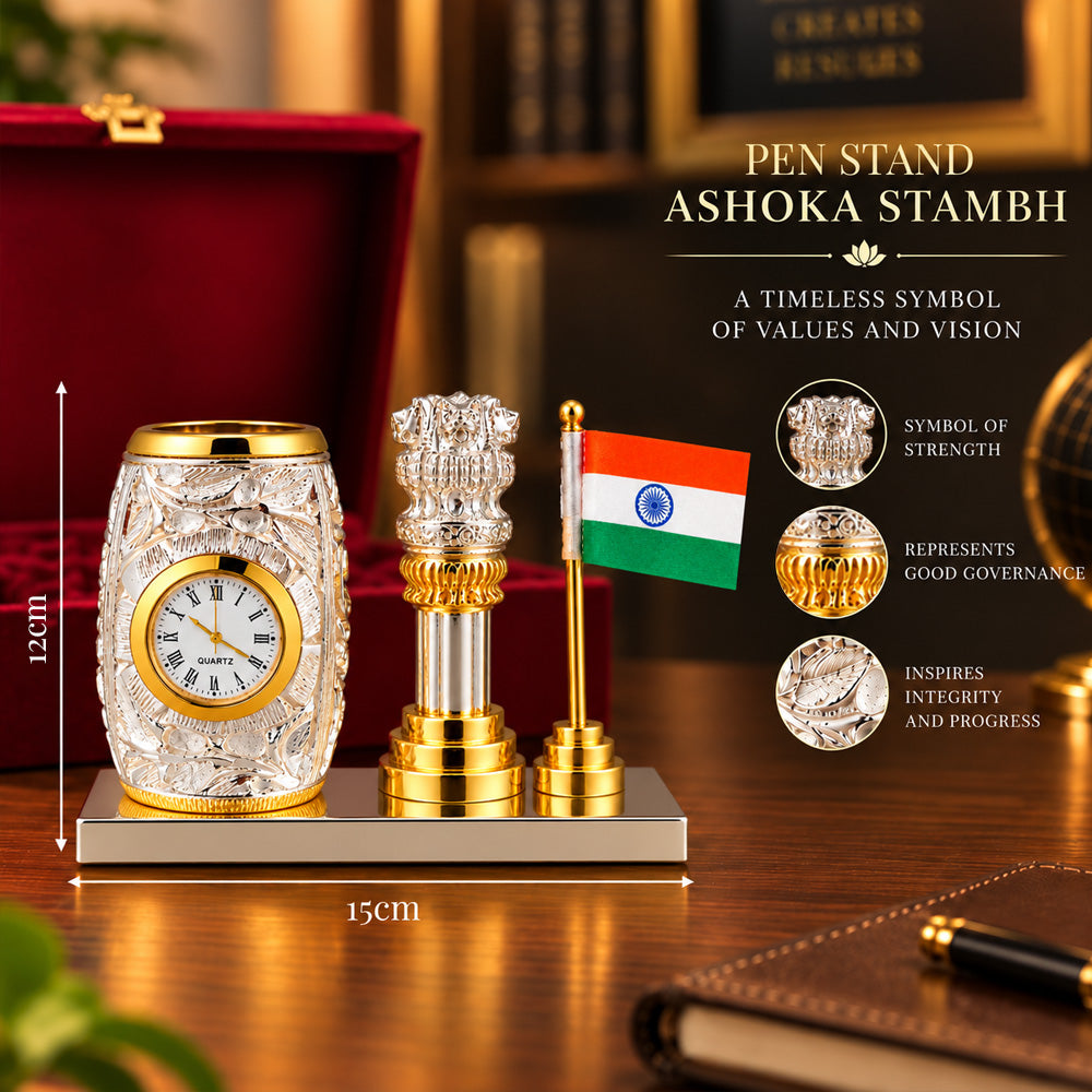 999 Silver-Plated Dual-Tone Ashoka Stambh Pen Stand | Premium Gift Box | 12x15 CM