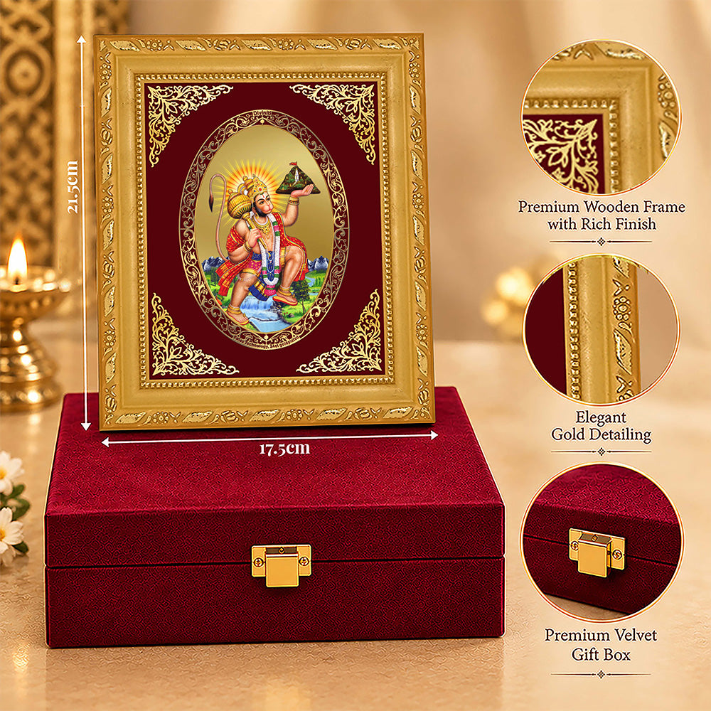 24K Gold-Plated Lord Hanuman with Sanjeevani Mountain Frame | Premium Gift Box | 21.5x17.5 CM