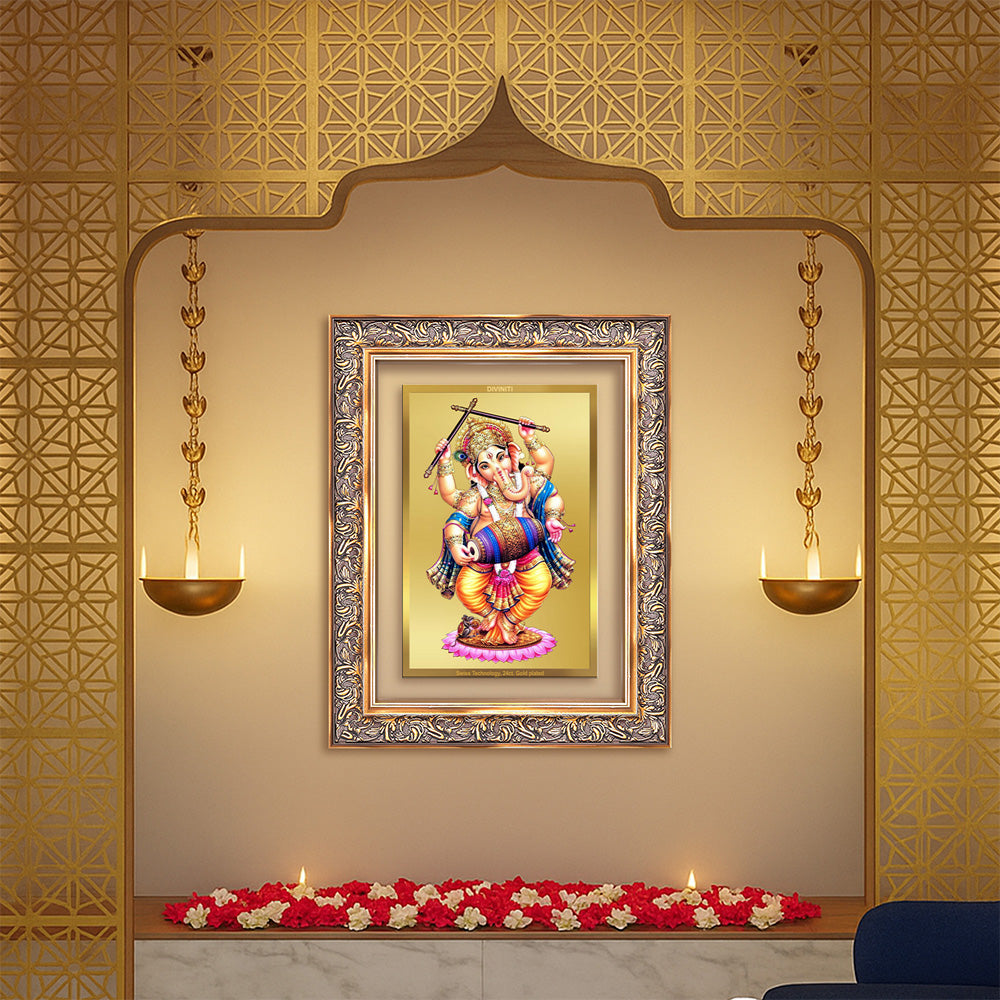 Diviniti 24K Gold Plated Dancing Ganesha (Classic) Divine Wall Frame for Home Mandir & Office Decor | Luxury Spiritual Gift