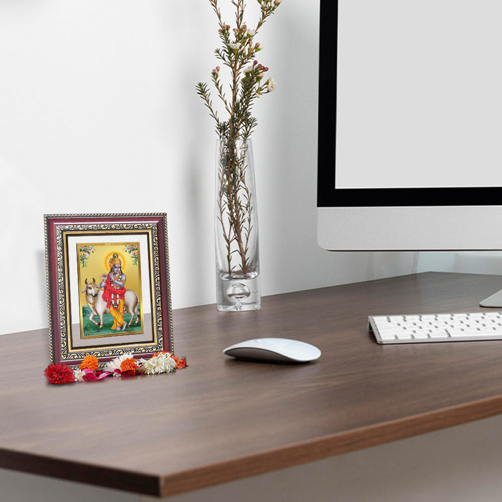 Diviniti 24K Gold Plated Krishna With Surbhi Cow (Classic) Divine Wall and Table Top Frame for Home Mandir & Office Decor | Luxury Spiritual Gift