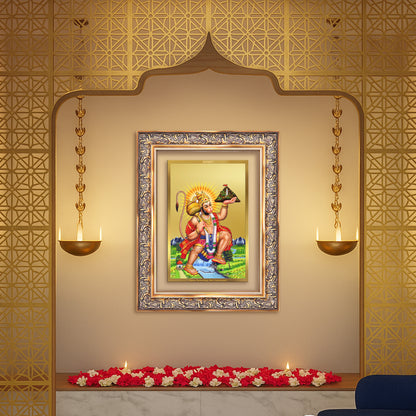 Diviniti 24K Gold Plated Hanuman With Mountain (Classic) Divine Wall Frame for Home Mandir & Office Decor | Luxury Spiritual Gift