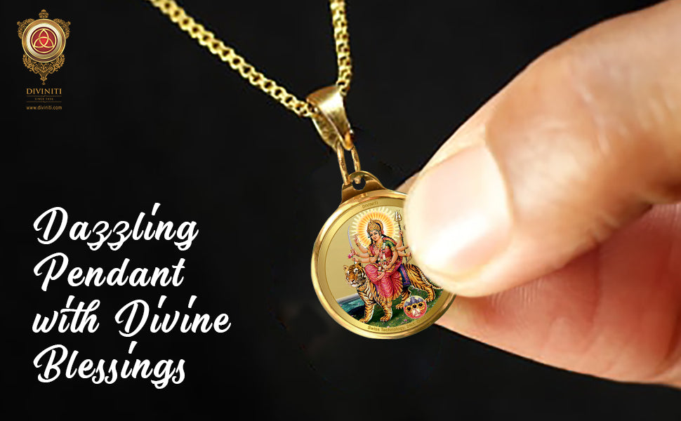 Diviniti 24K Gold Plated Goddess Durga & Mata Ka Darbar 28MM Double Sided Pendant For Men, Women & Kids
