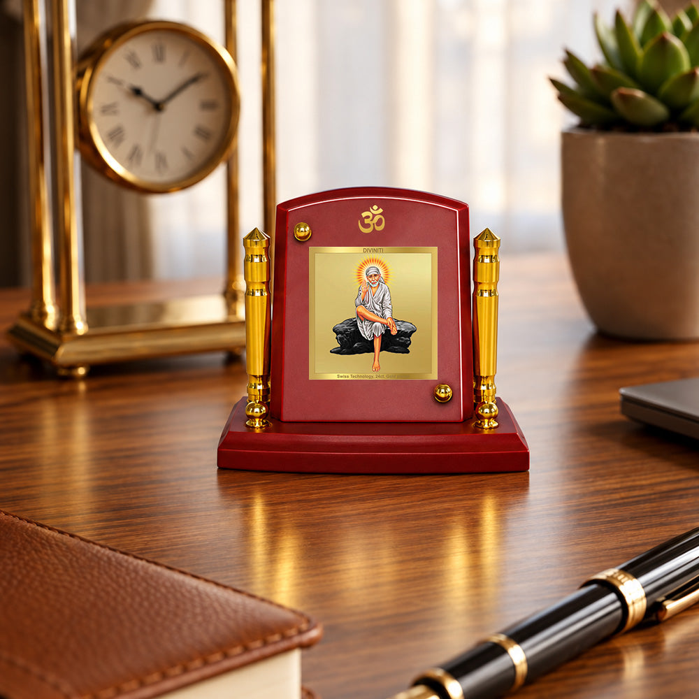 24K Gold-Plated Sai Baba MDF Car Dashboard Frame | 7.5x9 CM