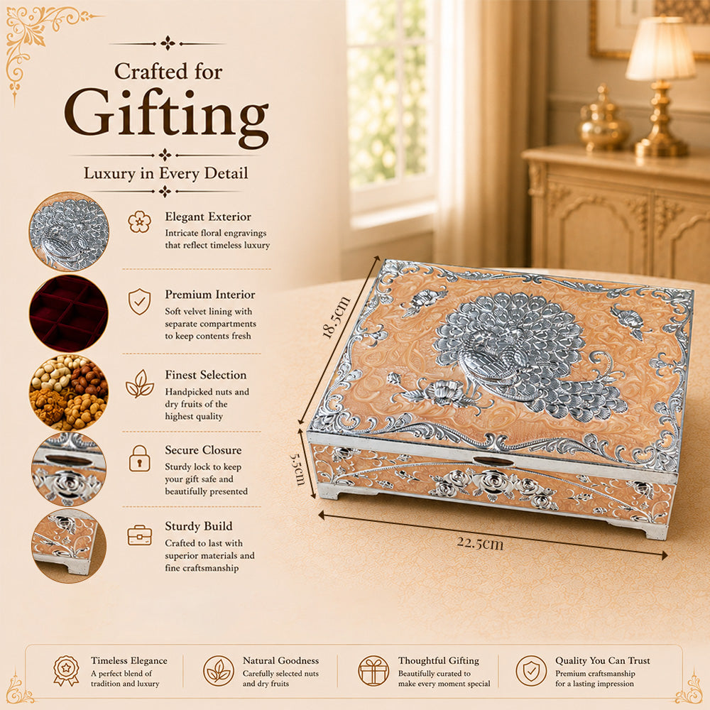 Diviniti German Silver Peacock Decorative Box 4-in-1 with Luxury Gift Box – Peach Finish