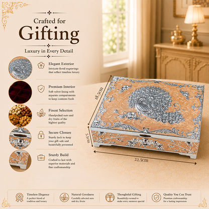 Diviniti German Silver Peacock Decorative Box 4-in-1 with Luxury Gift Box – Peach Finish
