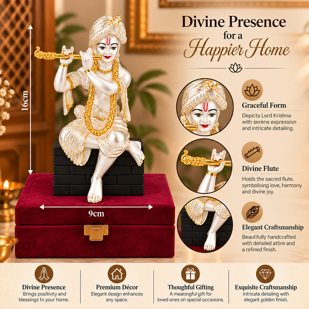 999 Silver-Plated Dual-Tone Lord Krishna Idol | Premium Gift Box | 16x9 CM