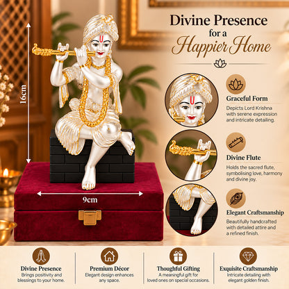 999 Silver-Plated Dual-Tone Lord Krishna Idol | Premium Gift Box | 16x9 CM