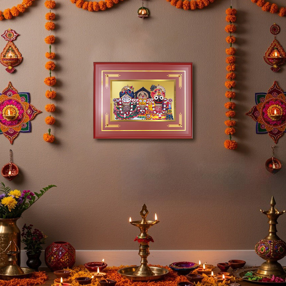 Diviniti 24K Gold Plated Lord Jagannath, Subhadra & Balabhadra Blessing Tabletop Photo Frame | Divine Protection, Harmony & Spiritual Grace