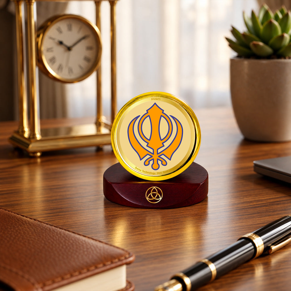 24K Gold-Plated Khanda Sahib Car Dashboard Frame | 5x5 CM