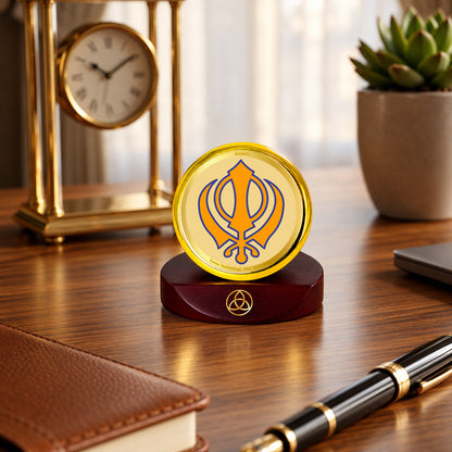 24K Gold-Plated Khanda Sahib Car Dashboard Frame | 5x5 CM