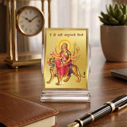24K Gold-Plated Durga Ji Acrylic Car Dashboard Frame | 11x7 CM
