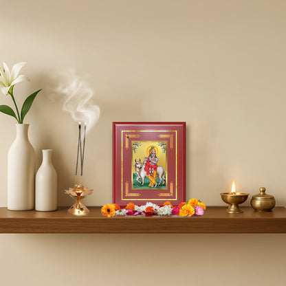 Diviniti 24K Gold Plated Lord Krishna with Surbhi Cow Blessing Tabletop Photo Frame | Love, Compassion & Divine Grace