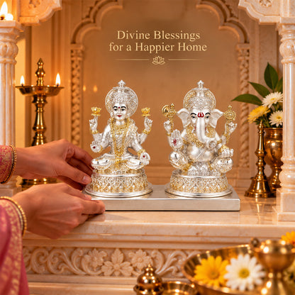 999 Silver-Plated Dual-Tone Laxmi Ganesha Idol | Premium Gift Box | 10x13 CM