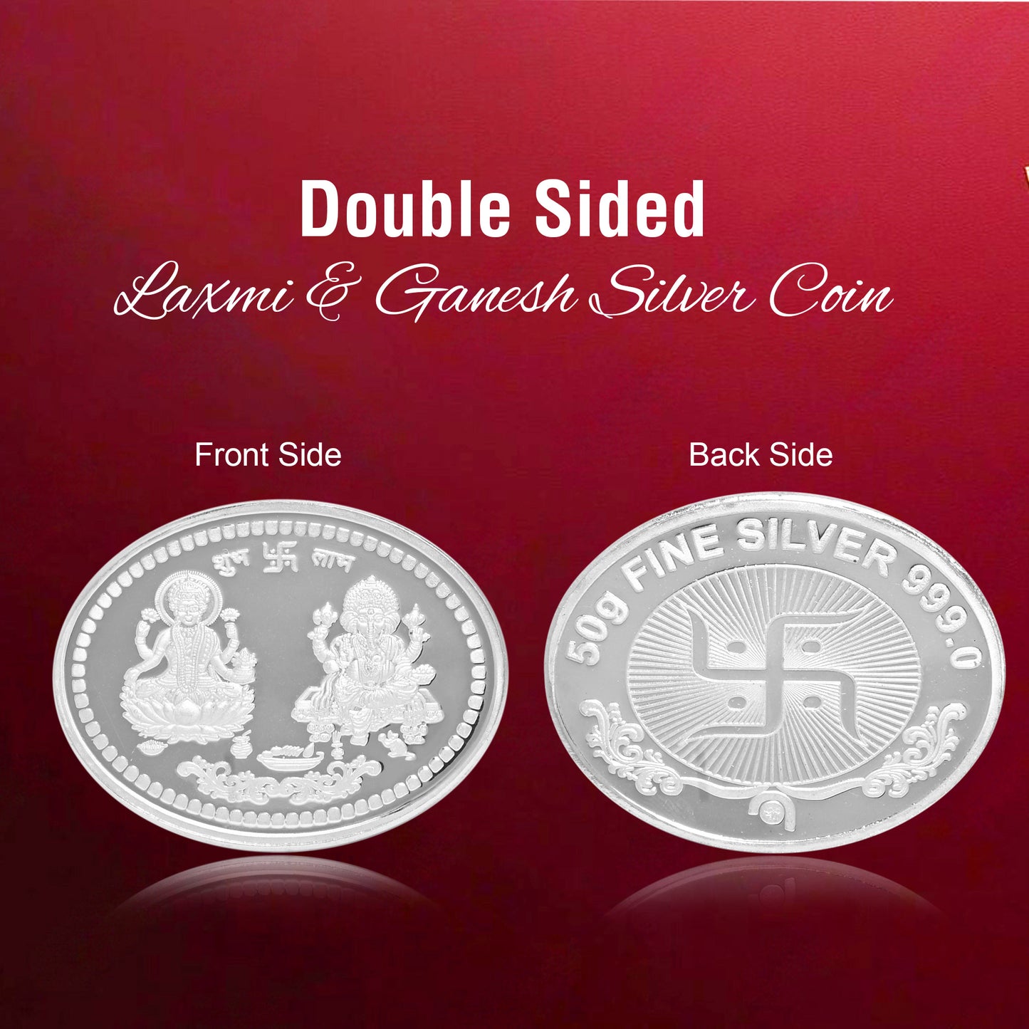 DIVINITI Pure Silver Coin Laxmi Ganesh & Swastik Symbol of Wealth and Blessings for Home & Office Décor, Puja Room Diwali Gift (50g)