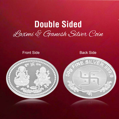 DIVINITI Pure Silver Coin Laxmi Ganesh & Swastik Symbol of Wealth and Blessings for Home & Office Décor, Puja Room Diwali Gift (50g)