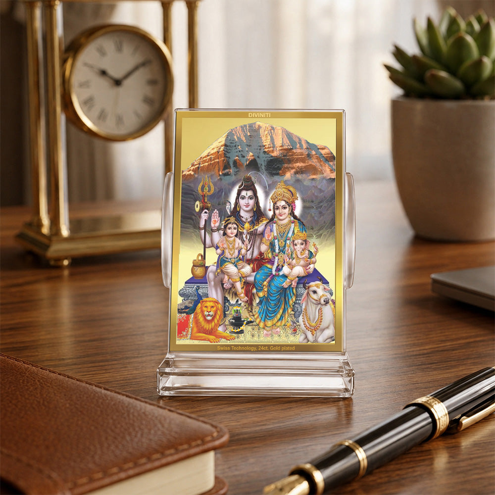 24K Gold-Plated Shiv Parivar Acrylic Car Dashboard Frame | 11x7 CM