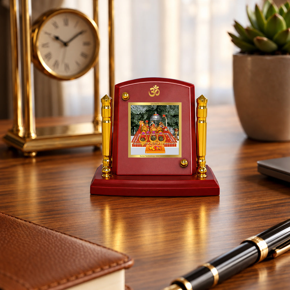 24K Gold-Plated Vaishno Devi Mata Darbar MDF Car Dashboard Frame | 7.5x9 CM