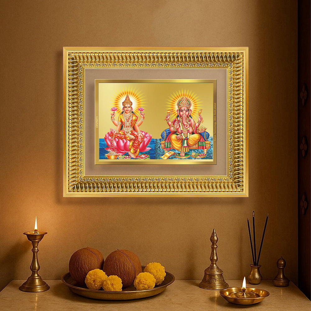 Diviniti 24K Gold Plated Lakshmi Ganesha (Classic) Divine Wall Frame for Home Mandir & Office Decor | Luxury Spiritual Gift