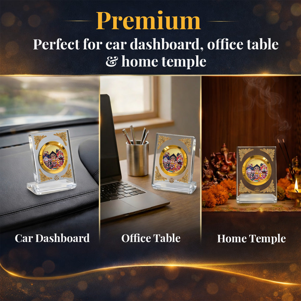 Jagannath Subhadra Balabhadra Diviniti Premium Gold on Gold frame showcased on car dashboard, office table, and home table.