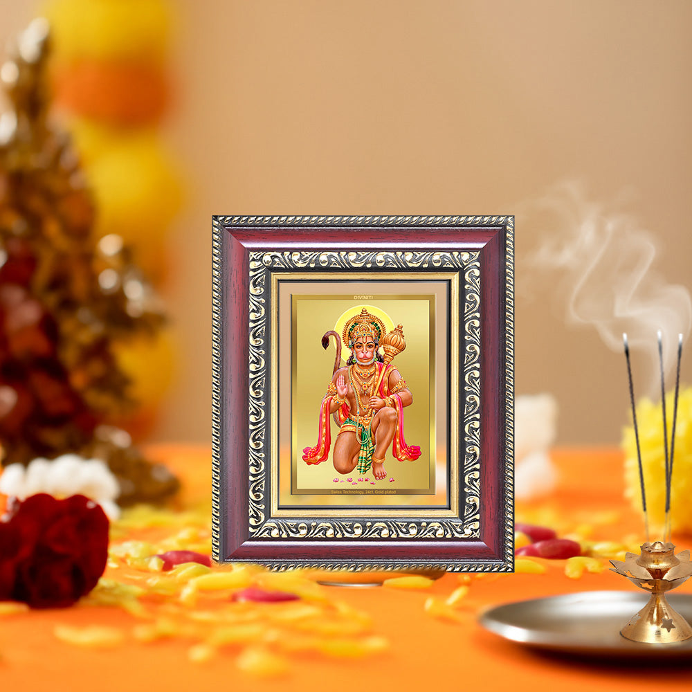 Diviniti 24K Gold Plated Hanuman With Blessings (Classic) Divine Table Top Frame for Home Mandir & Office Decor | Luxury Spiritual Gift